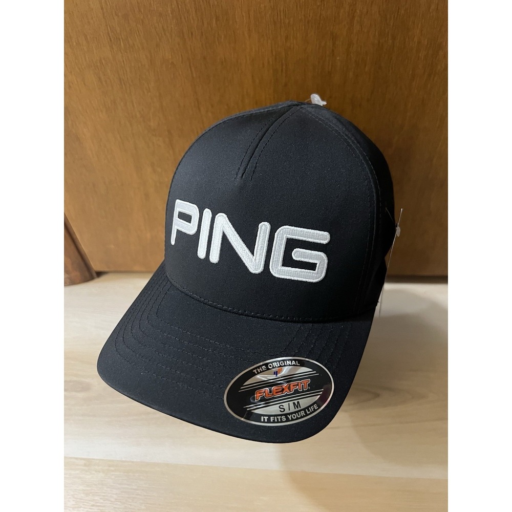 NWT Ping Golf Hat Cap Flex Fit Size S/M Black White Ping Logo Band